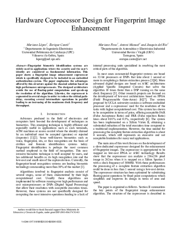 (PDF) Hardware Coprocessor Design for Fingerprint Image Enhancement