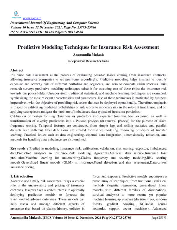 (PDF) Predictive Modeling Techniques for Insurance Risk Assessment
