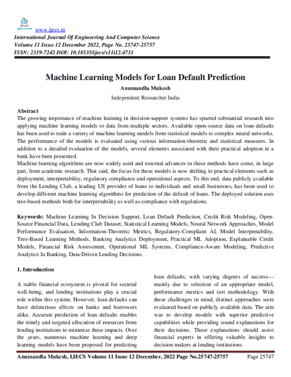 (PDF) Machine Learning Models for Loan Default Prediction