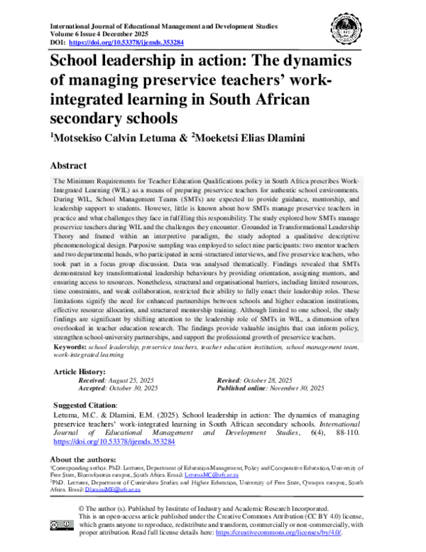 (PDF) School leadership in action: The dynamics of managing preservice ...