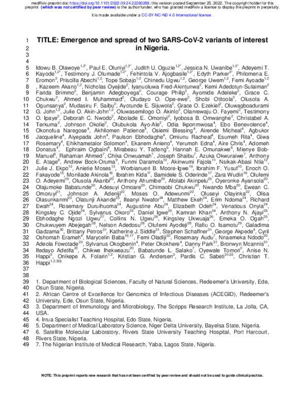 (PDF) Emergence and spread of two SARS-CoV-2 variants of interest in ...
