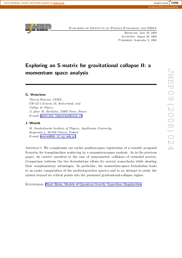 (PDF) Exploring an S-matrix for gravitational collapse II: a momentum ...