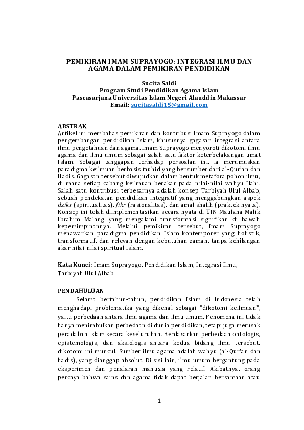 (PDF) PEMIKIRAN IMAM SUPRAYOGO: INTEGRASI ILMU DAN AGAMA DALAM ...