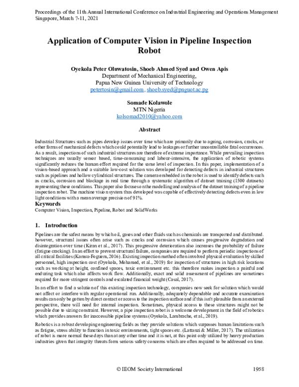 (PDF) Application of Computer Vision in Pipeline Inspection Robot