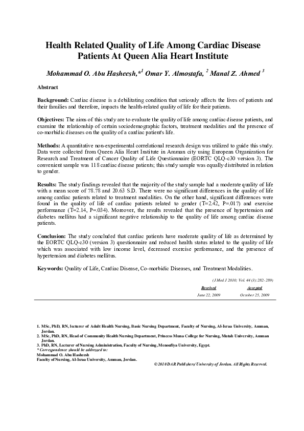 (PDF) Health Related Quality of Life Among Cardiac Disease Patients At ...