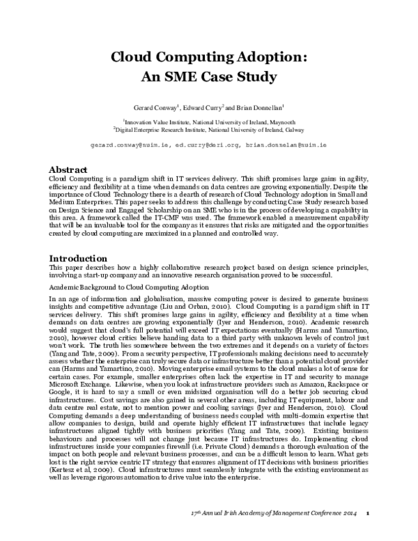 (PDF) Cloud Computing Adoption: An SME Case Study