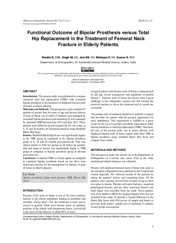 (PDF) Functional Outcome of Bipolar Prosthesis versus Total Hip ...
