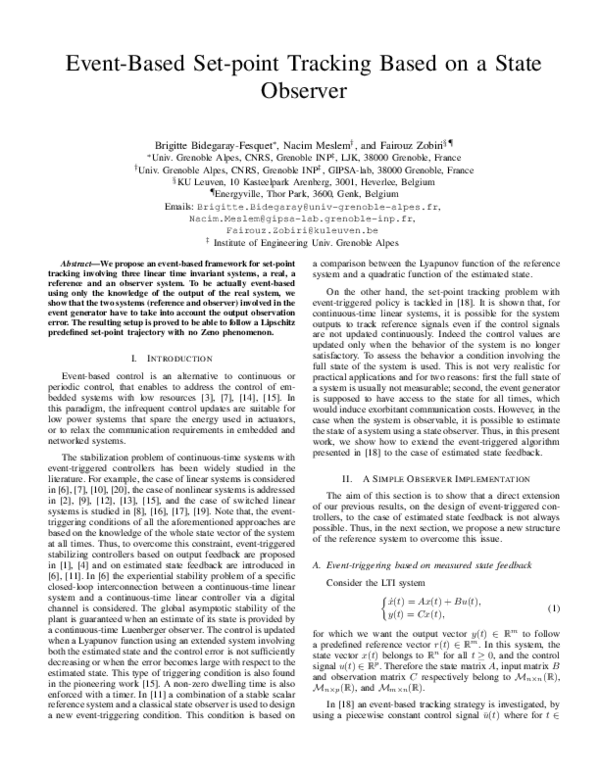 (PDF) Event-Based Set-point Tracking Based on a State Observer