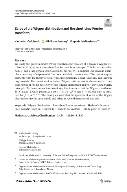 (PDF) Zeros of the Wigner distribution and the short-time Fourier transform