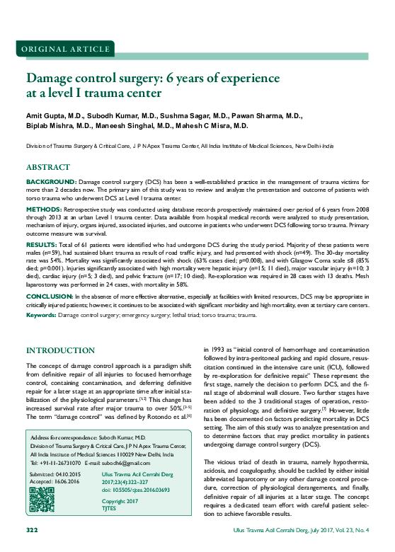 (PDF) Damage Control Surgery – 6 years experiences at a Level 1 Trauma ...