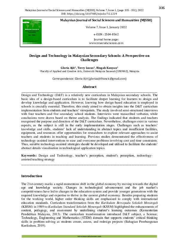 (PDF) Design and Technology in Malaysian Secondary Schools: A ...