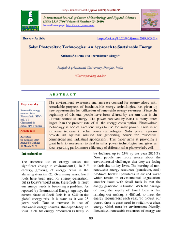 (PDF) Solar Photovoltaic Technologies: An Approach to Sustainable Energy