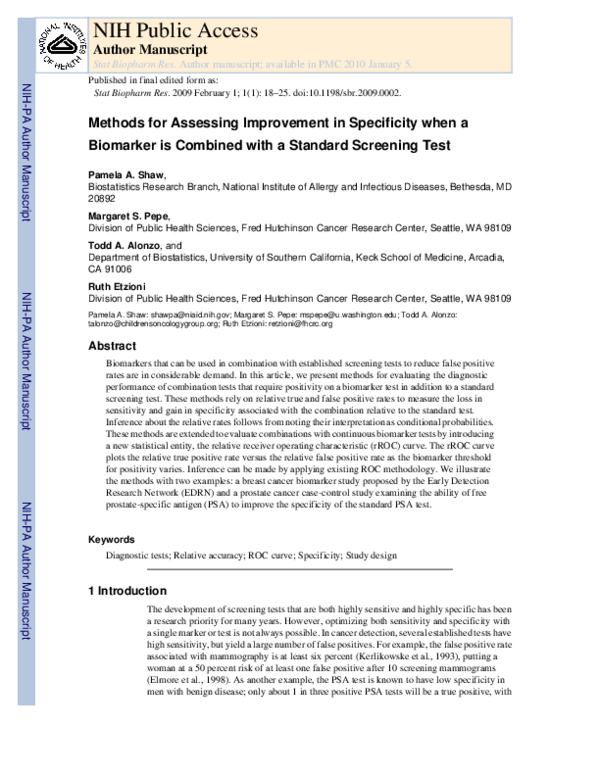 (PDF) Methods for Assessing Improvement in Specificity When a Biomarker ...