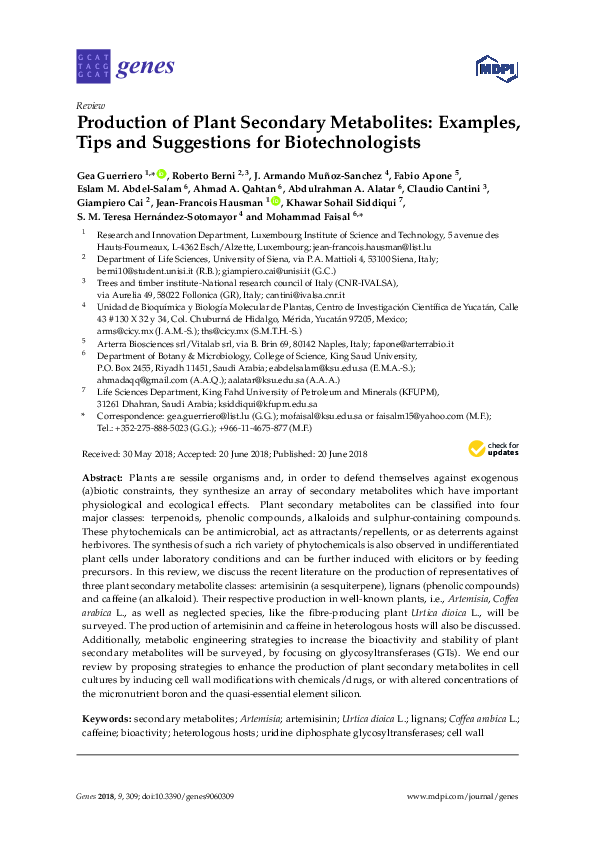 (PDF) Production of Plant Secondary Metabolites: Examples, Tips and ...