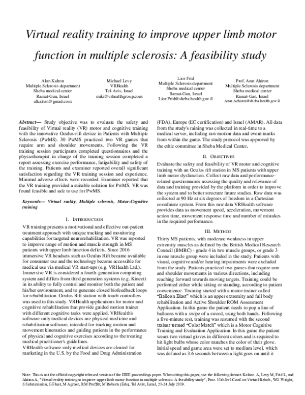 (PDF) Virtual reality training to improve upper limb motor function in ...