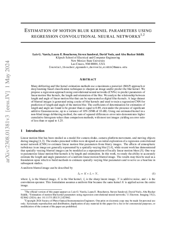 (PDF) Estimation of motion blur kernel parameters using regression ...