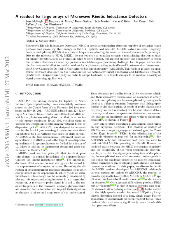 (PDF) A readout for large arrays of microwave kinetic inductance detectors