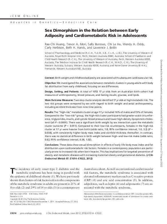 (PDF) Sex Dimorphism in the Relation between Early Adiposity and ...