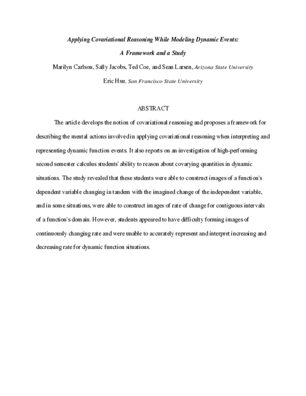 (PDF) Applying Covariational Reasoning While Modeling Dynamic Events: A ...