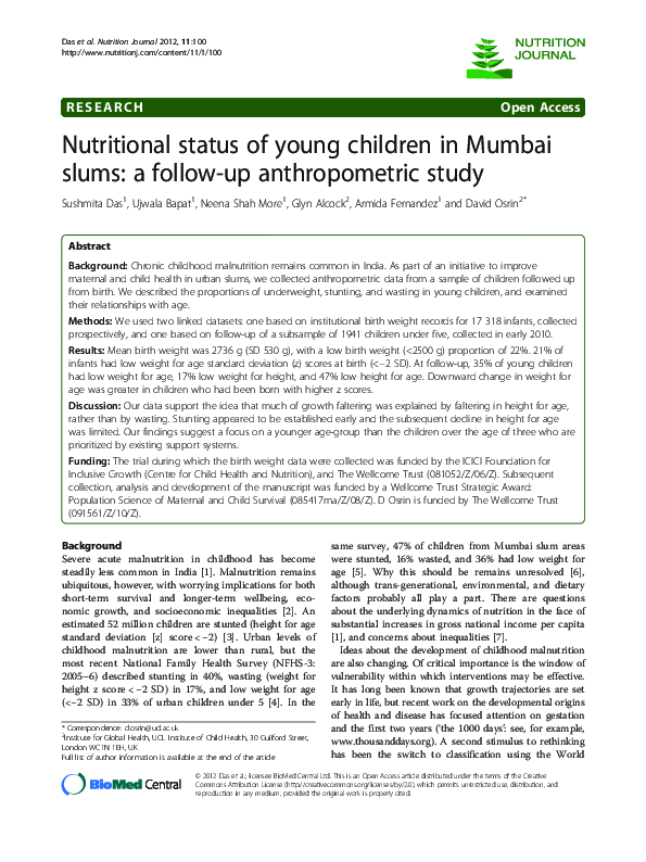 (PDF) Nutritional status of young children in Mumbai slums: a follow-up ...