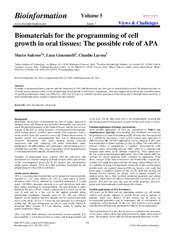 (PDF) Biomaterials for the programming of cell growth in oral tissues ...