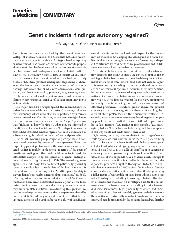 (PDF) Genetic incidental findings: autonomy regained?