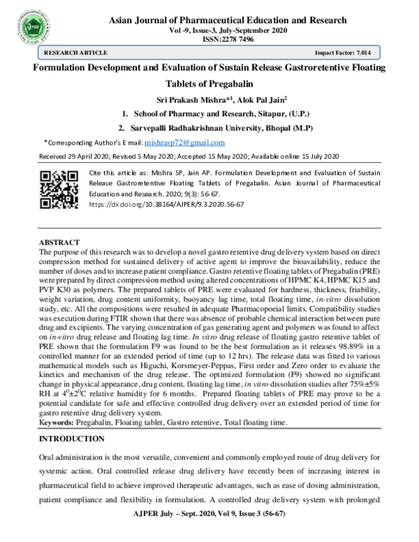 (PDF) Formulation Development and Evaluation of Sustain Release ...