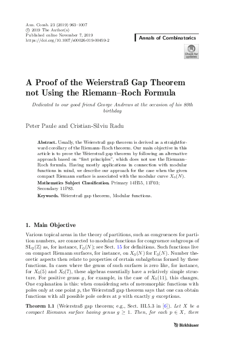 (PDF) A Proof of the Weierstraß Gap Theorem not Using the Riemann–Roch ...