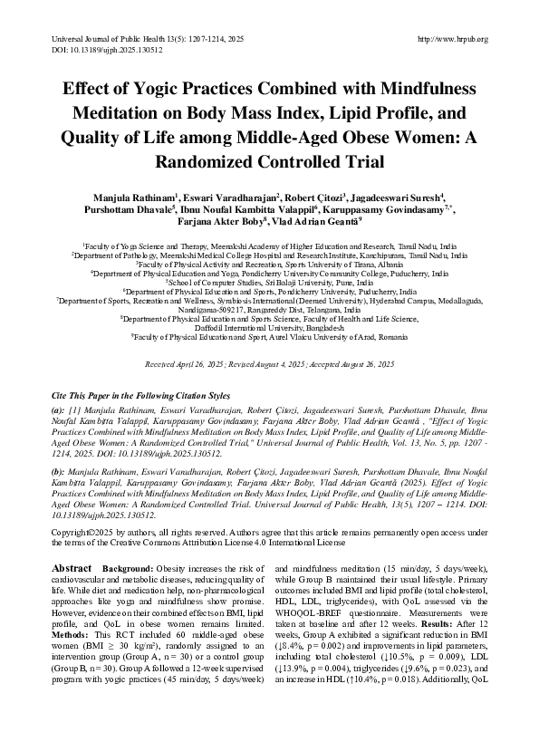 (PDF) Effect of Yogic Practices Combined with Mindfulness Meditation on ...