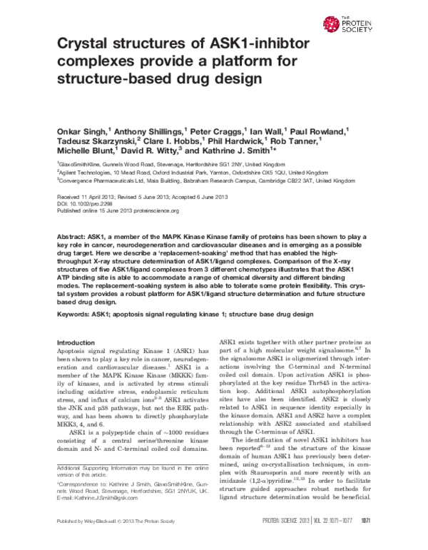 (PDF) Crystal structures of ASK1‐inhibtor complexes provide a platform ...