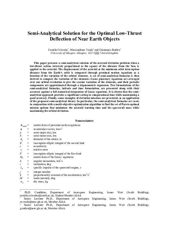 (PDF) Semi-Analytical Solution for the Optimal Low-Thrust Deflection of ...