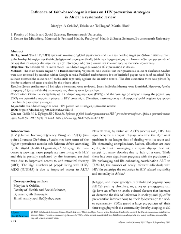 (PDF) Influence of faith-based organisations on HIV prevention ...
