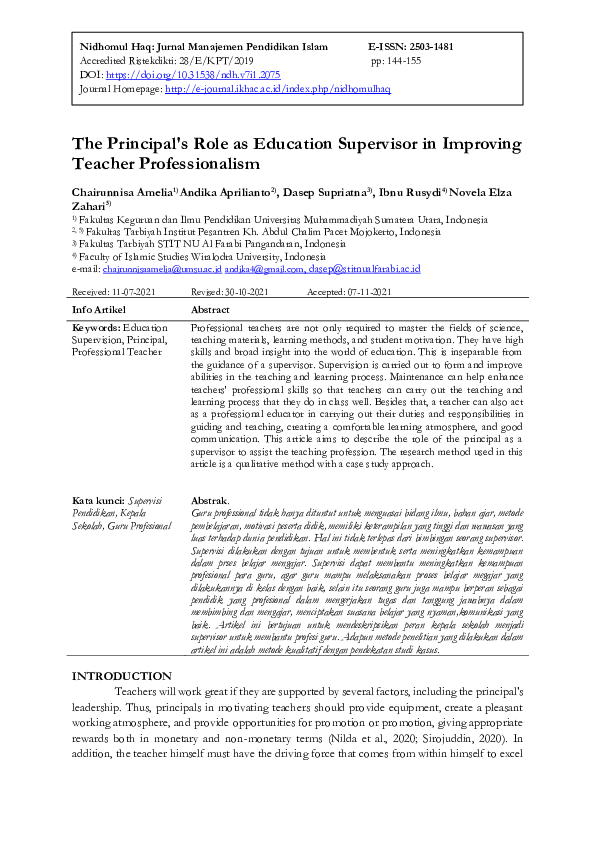 (PDF) The Principal's Role as Education Supervisor in Improving Teacher ...