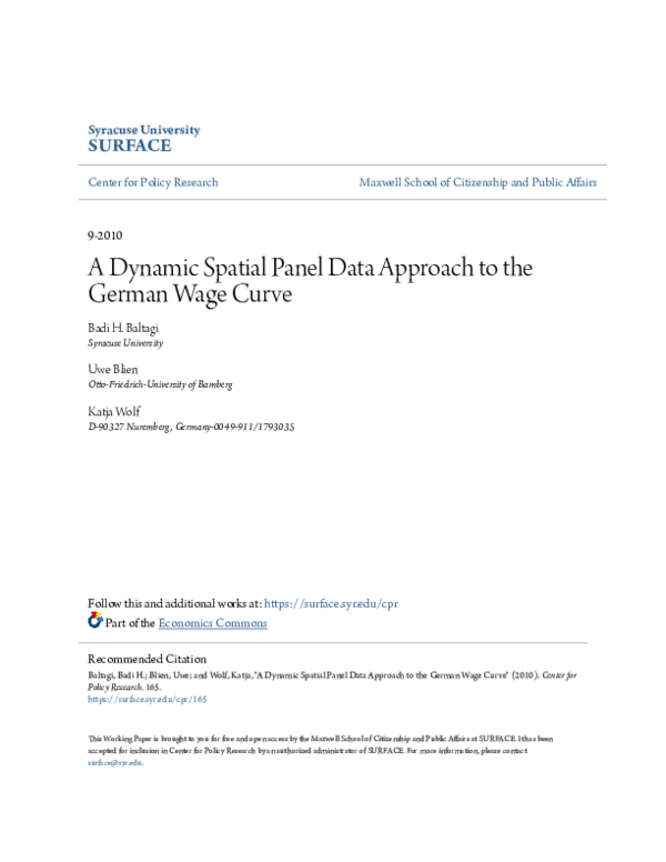 (PDF) A dynamic spatial panel data approach to the German wage curve