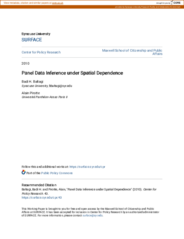 (PDF) Panel Data Inference Under Spatial Dependence