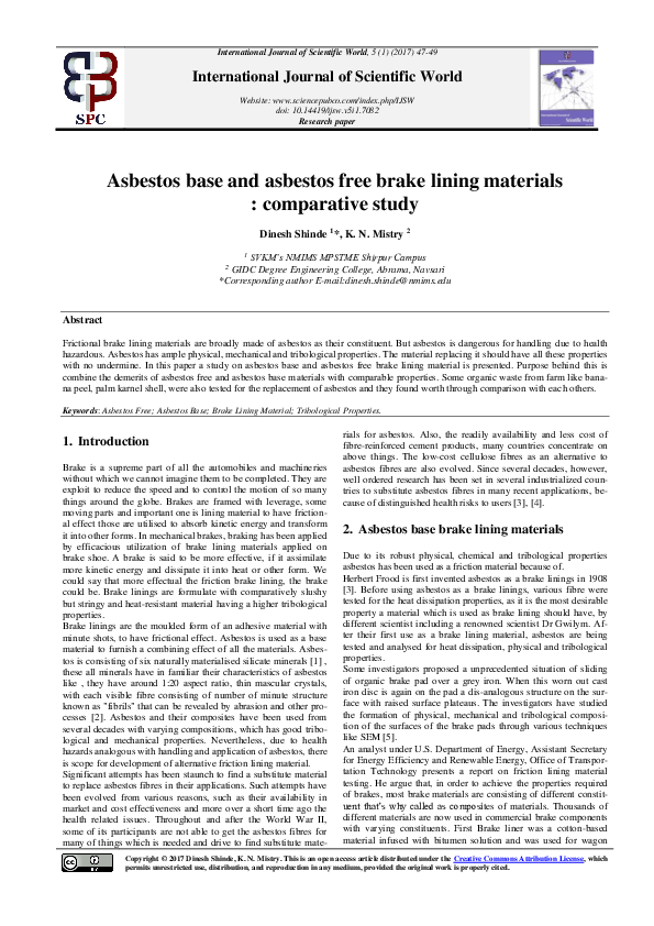 (PDF) Asbestos base and asbestos free brake lining materials ...