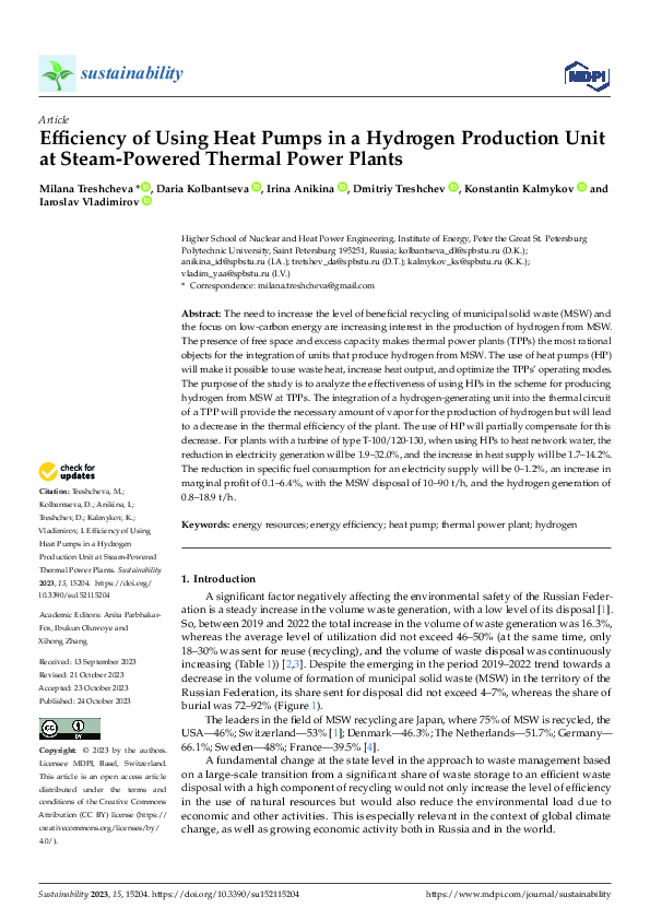 (PDF) Efficiency of Using Heat Pumps in a Hydrogen Production Unit at ...