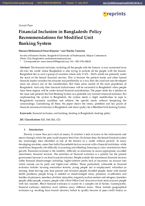 (PDF) Financial Inclusion in Bangladesh: Policy Recommendations for ...