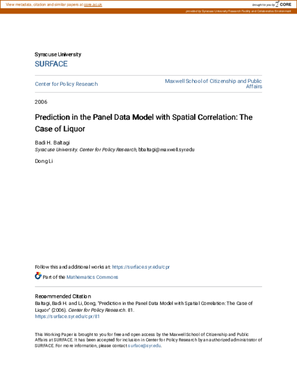 (PDF) Prediction in the Panel Data Model with Spatial Correlation: The ...