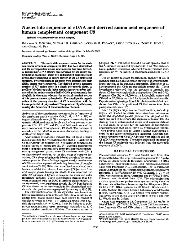 (PDF) Nucleotide sequence of cDNA and derived amino acid sequence of ...
