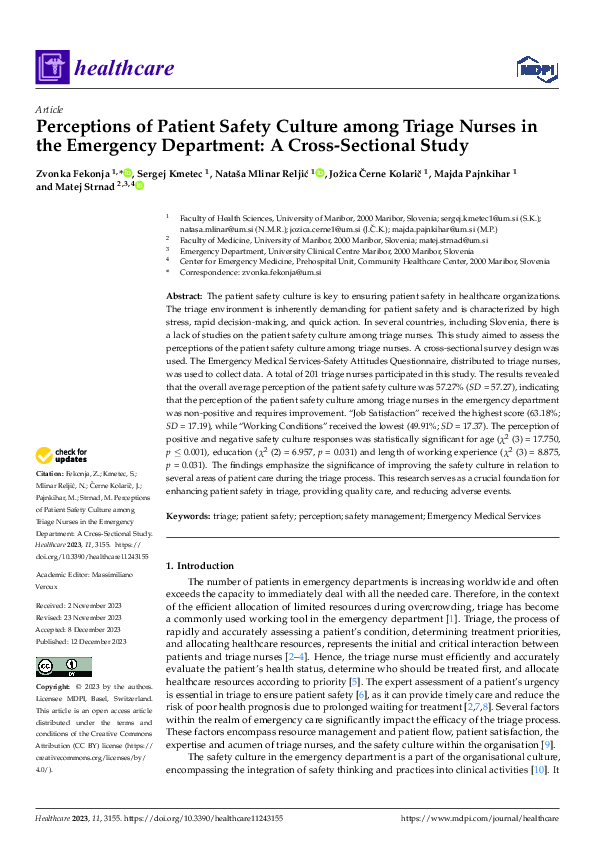 (PDF) Perceptions of Patient Safety Culture among Triage Nurses in the ...
