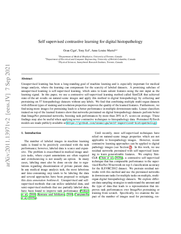 (PDF) Self supervised contrastive learning for digital histopathology