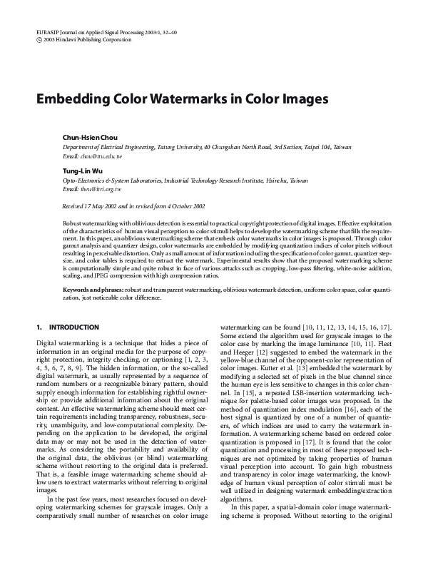 (PDF) Embedding Color Watermarks in Color Images