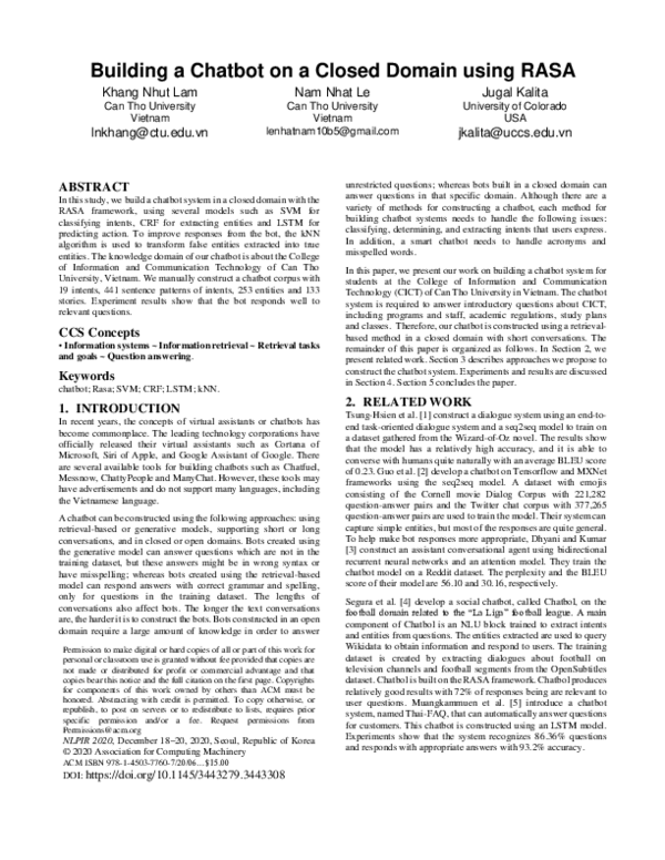 (PDF) Building a Chatbot on a Closed Domain using RASA