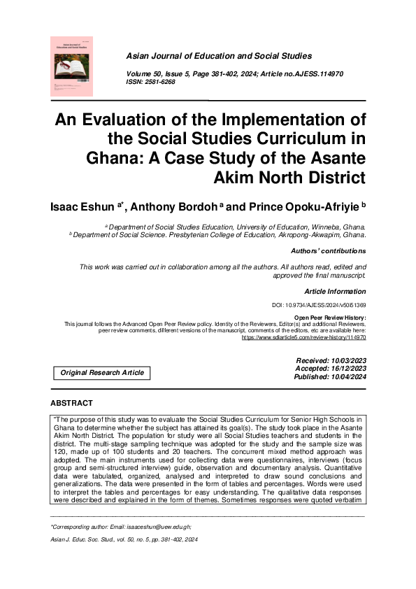 (PDF) An Evaluation of the Implementation of the Social Studies ...