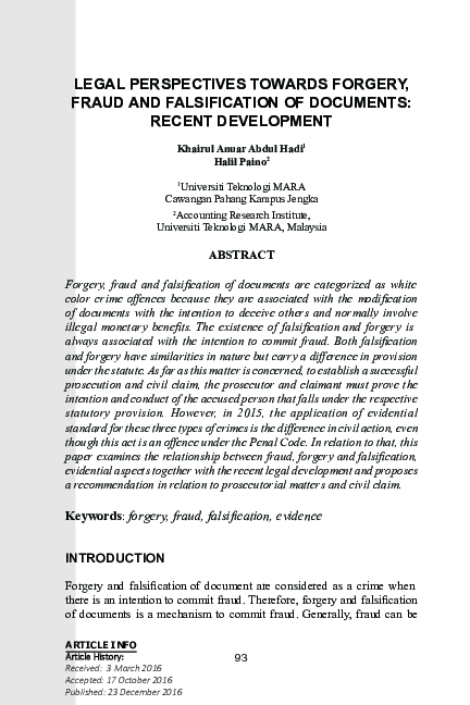 (PDF) Legal Perspectives Towards Forgery, Fraud and Falsification of ...