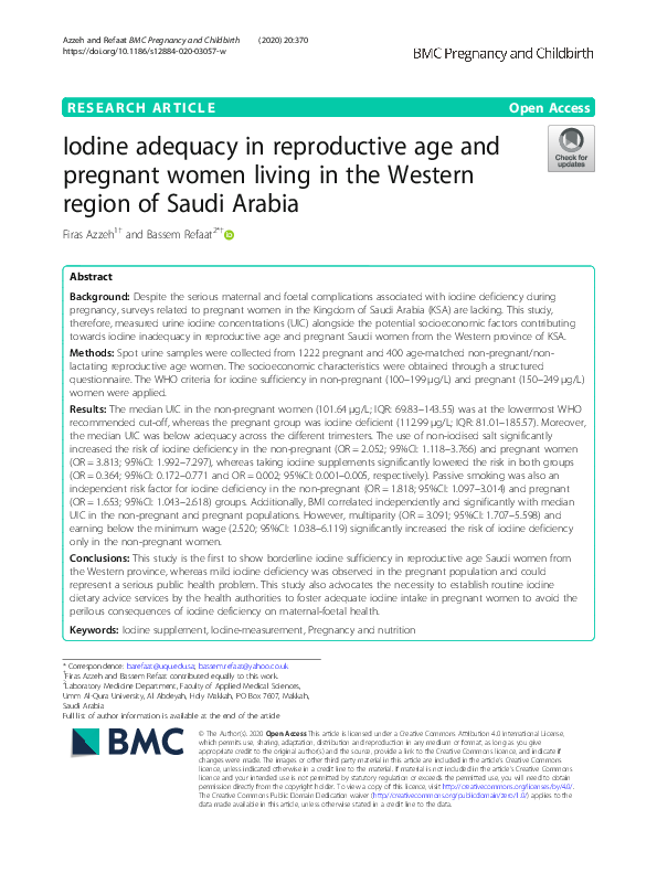(PDF) Iodine adequacy in reproductive age and pregnant women living in ...