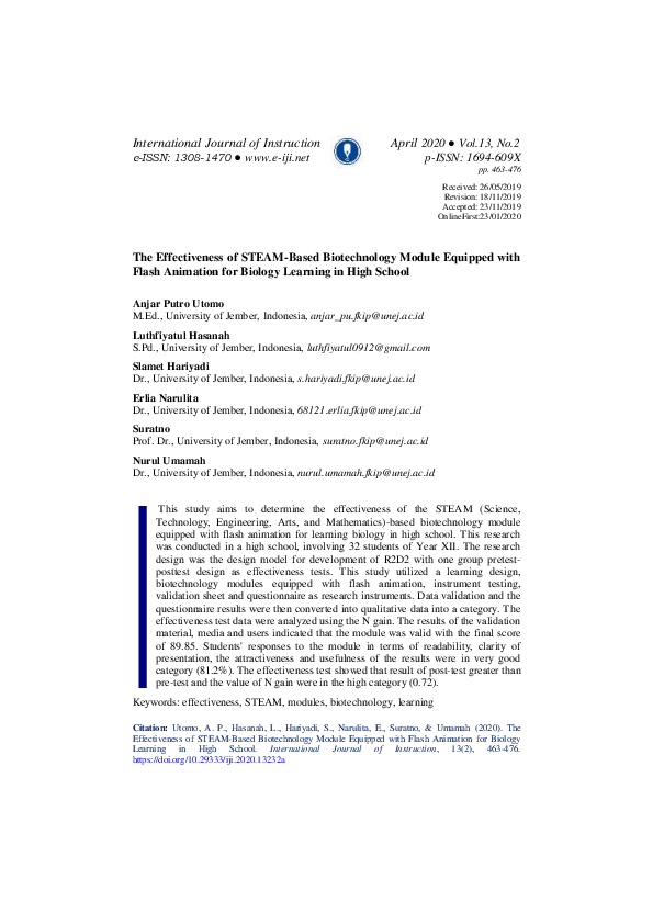 (PDF) The Effectiveness of STEAM-Based Biotechnology Module Equipped ...