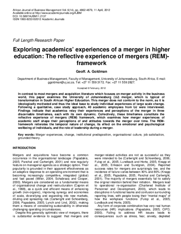 (PDF) Exploring academics’ experiences of a merger in higher education ...