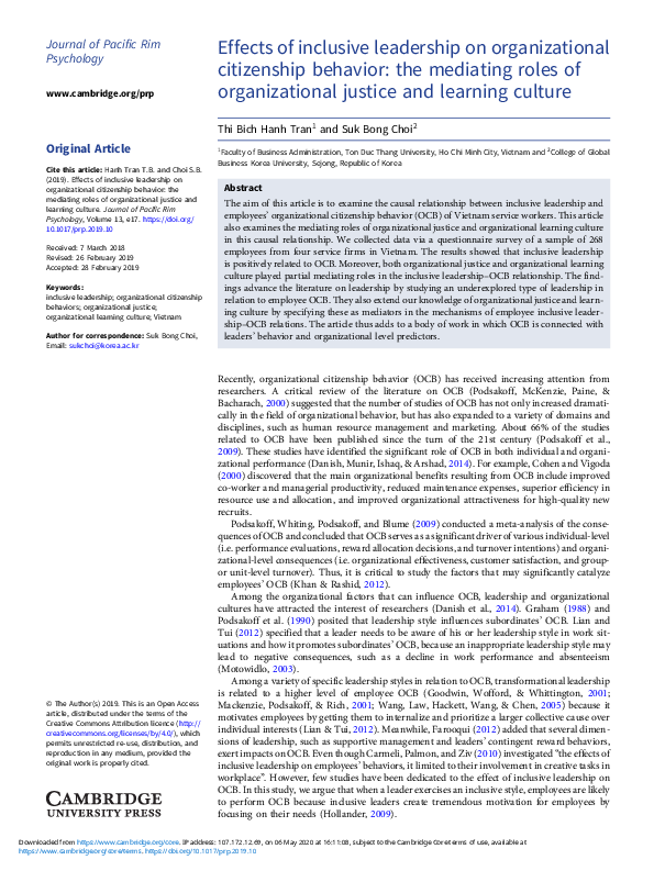 (PDF) Effects of inclusive leadership on organizational citizenship ...